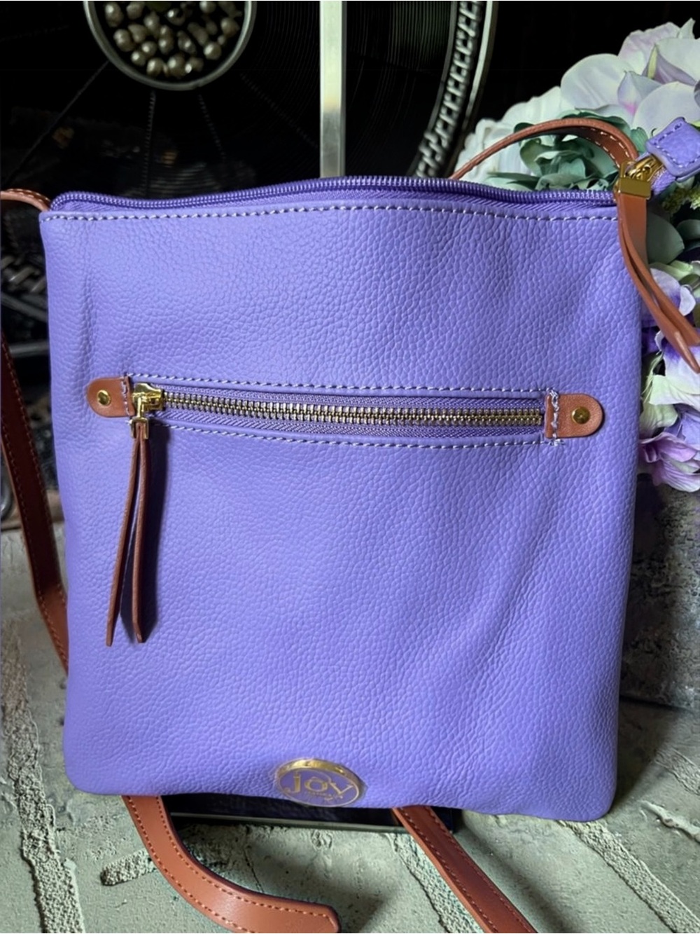 Joy Mangano Lavender Pebbled Leather RFID Blocking Travel Crossbody Shoulder Bag